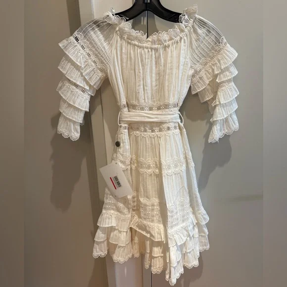 NWT Zimmermann Size 0 Ivory Cotton Lace Dress with Tie Waist - Picture 4 of 16